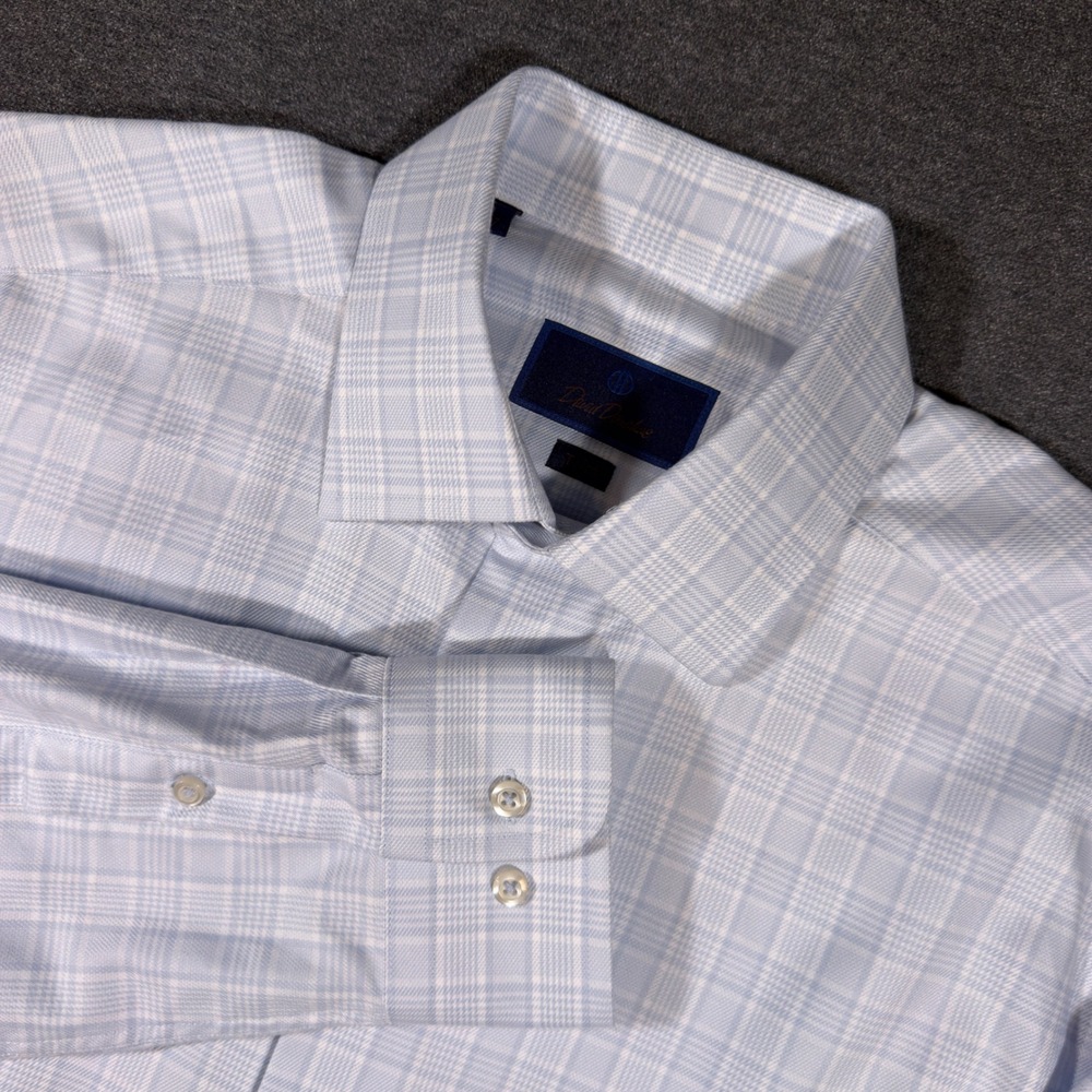 David Donahue Dress Shirt Men 16 36/37 Blue White Plaid Trim Fit Button Up
